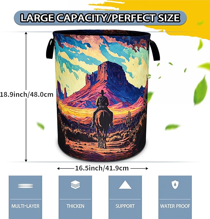 Western Cowboy Laundry Basket Desert Mountains Foldable Oxford Cloth Funny Tote Bag Laundry Hamper Clothes Storage Bucket Toy Organizer For Bathroom/Laundry Storage/Bedroom 18.9x16.5 Inch