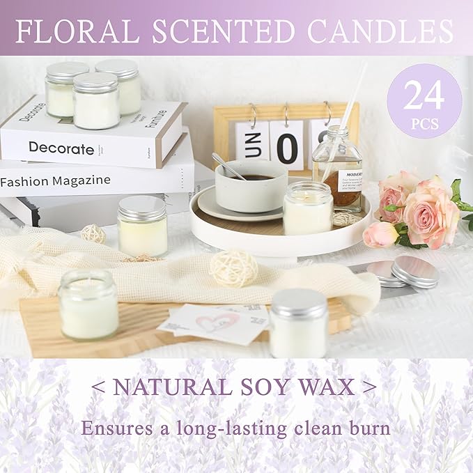 24 Pcs 4 Oz Mason Jar Candles, Lavender Scented Soy Candles Bulk Set for Stress Relief and Relaxation, Great Favors for Wedding, Christmas, Housewarming Gifts (Silver-Lavender, 24)