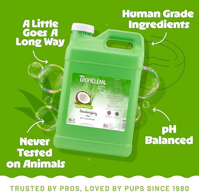 TropiClean Deodorizing Dog Shampoo for Smelly Dogs, Professional Dog Shampoo, Powerful Odor Control, Puppy Safe, Aloe & Coconut Scent, 2.5 Gallon