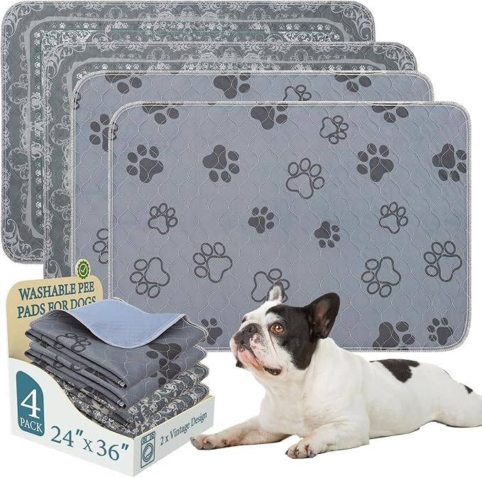 Homimp Washable Pee Pads for Dogs,4 Pack Reusable Puppy Pads,Absorbent and Leakproof Dog Pee Pads,Non Slip Puppy Training Pads,Pet Mat for Floor,Crate,Couch,Whelping,Grey 24"x36"