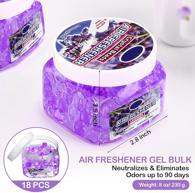 18 Pack Odor Eliminator Gel Beads Bulk 8 Ounce Air Freshener Gel Beads Scent Removing Long Lasting Eliminates Odors for Home, Bathrooms, Cars, Boats, RVs and Pet Areas(Lavender)