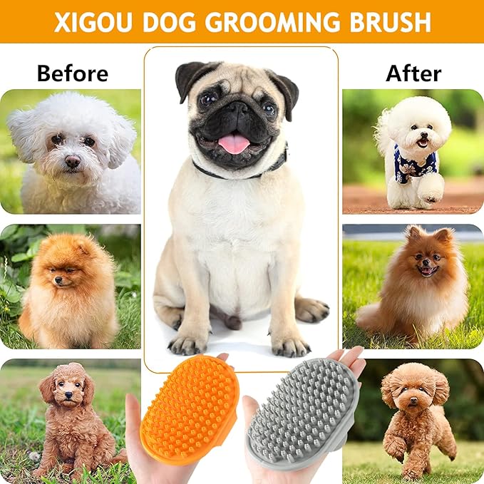 Dog Bath Brush, 2 Pcs Short Hair Grooming Brush for Dogs & Cats - Soothing Massage Rubber Bristles Curry Comb with Adjustable Handle