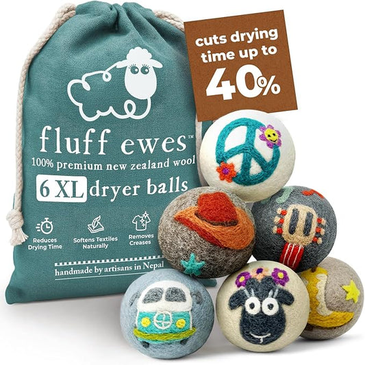 Fluff Ewes Wool Dryer Balls 6 Pack Premium New Zealand Wool Laundry Balls for Dryer, No Static Dryer Balls Laundry Reusable, XL Wool Dryer Balls Cute, Baby Dryer Balls for Dryers - Fluff Fest