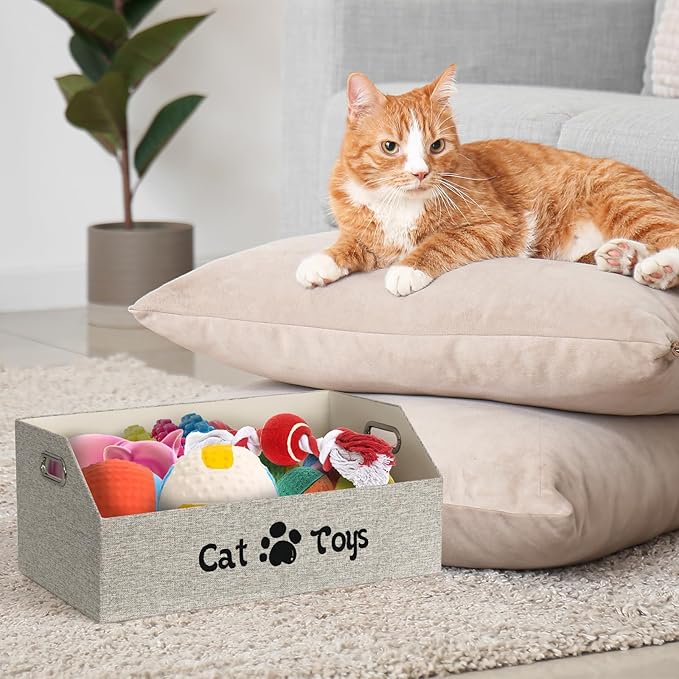 Cat Toy Basket, Kitten Toys Storage Organizer Foldable Fabric Bin Pet Supplies Chest Holder Trapezoid Container with Metal Handles for Organizing Cats Clothes Accessories, Beige