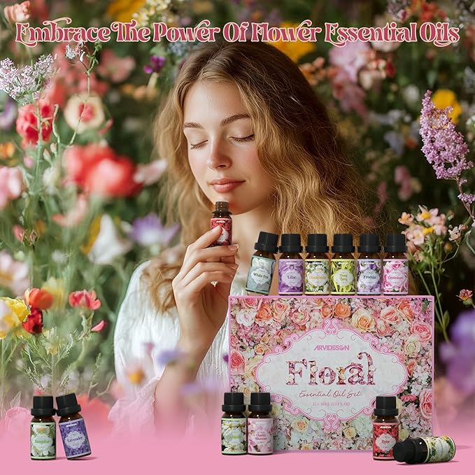 Floral Essential Oils Set, ARVIDSSON Natural Flower Essential Oil for Diffuser, Fragrance Oils for Candle Making, Lavender, Rose, Cherry Blossom, Jasmine, Gardenia and More, Gift for Women