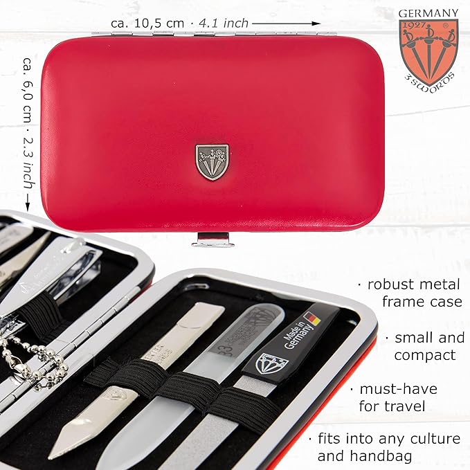 3 Swords Germany - Brand Quality 6 Piece Manicure Pedicure Grooming kit Set - Scissors, Metal and Glass Nail File, Clipper, Tweezers with Synthetic Leather case - red