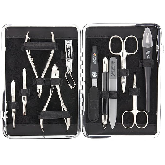 3 Swords Germany - brand quality 11 piece manicure pedicure grooming kit set for professional finger & toe nail care scissors clipper black genuine leather case in gift box, Made in Germany