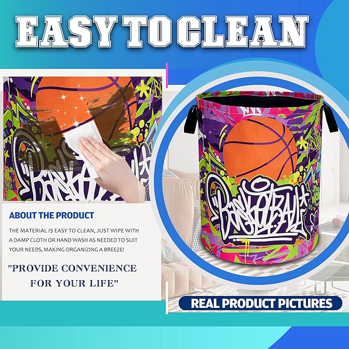 Basketball Laundry Basket Oxford Cloth Funny Sports Laundry Hamper With Handle Foldable Portable Clothes Storage Basket 18.9 X 16.5 In Storage Bag For Laundry Room/Bathroom/Bedroom/Dormitories