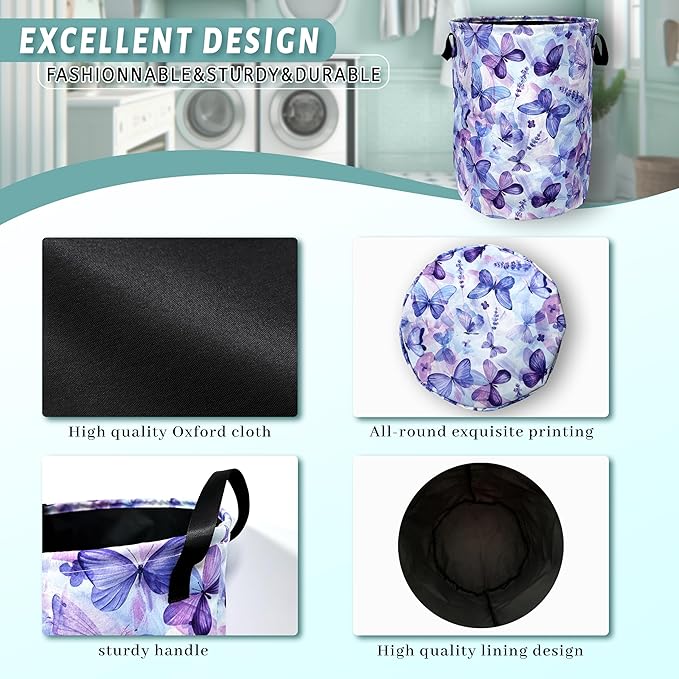 Blue Purple Butterfly Laundry Basket Foldable With Handles Tote Bag Oxford Cloth Colorful Laundry Hamper Clothes Storage Bucket Toy Organizer 18.9" x 16.5" For Bathroom/Laundry/Bedroom