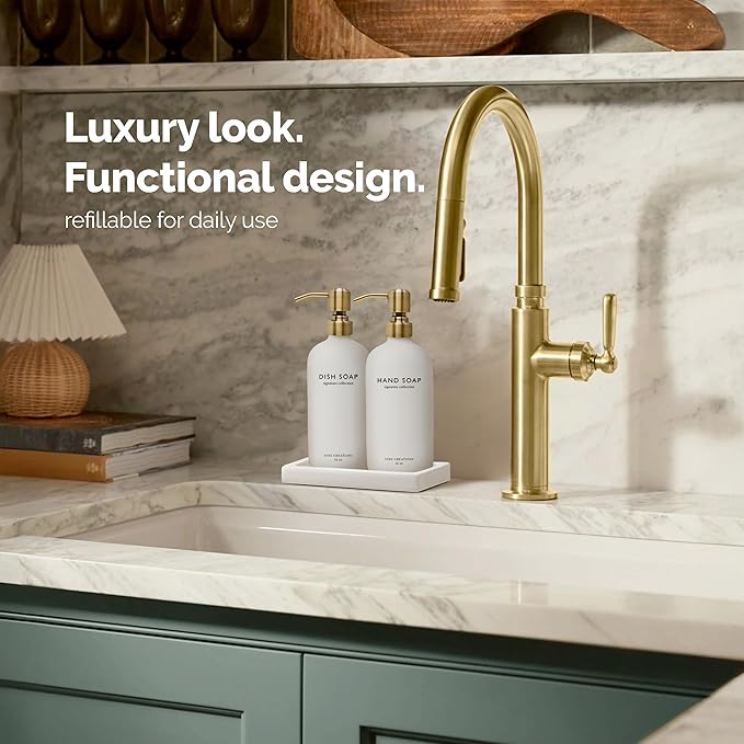 Vine Creations Glass Soap Dispenser Set, Kitchen Soap Dispenser Set with Ceramic Tray, 16 oz Dish Soap and Hand Soap Dispenser Set with Stainless Steel Pump Decor (White Bottle/Brushed Brass)
