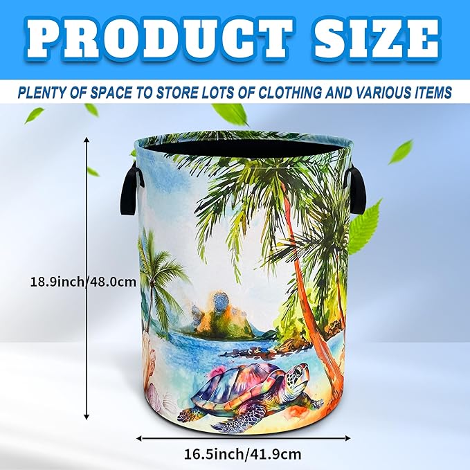 Hawaiian Beach Sea Turtle Laundry Basket Oxford Cloth Laundry Hamper With Handle Foldable Portable Clothes Storage Basket 18.9 X 16.5 In Storage Bag For Laundry Room/Bathroom/Bedroom/Dormitories