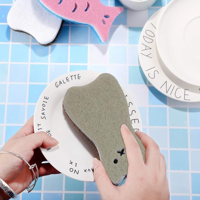 8 Pieces Kitchen Scrub Sponges Cat Fish Cleaning Sponge Dishwashing Scrubber Non-Scratch Multi-Use Sponges for Dishes Pots Pans Sinks