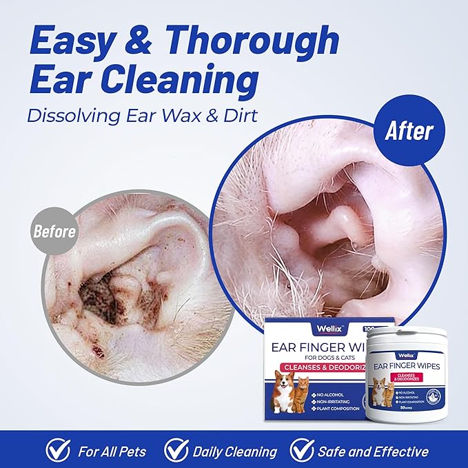 Wellix Pet Ear Cleaner Wipes for Dogs&Cats (100count) - Pure Chamomile Honeysuckle Dog Cleaning Finger Wipes - Natural Treatment for Itch Relief and Ear Infections - 2 Packs