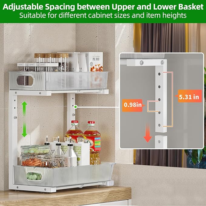 2 Pack Under Sink Organizer, Pull Out Cabinet Organizer 2 Tier Slide Out, Under Sink Organizers and Storage Height Adjustable for Kitchen Bathroom Cabinet, Metal