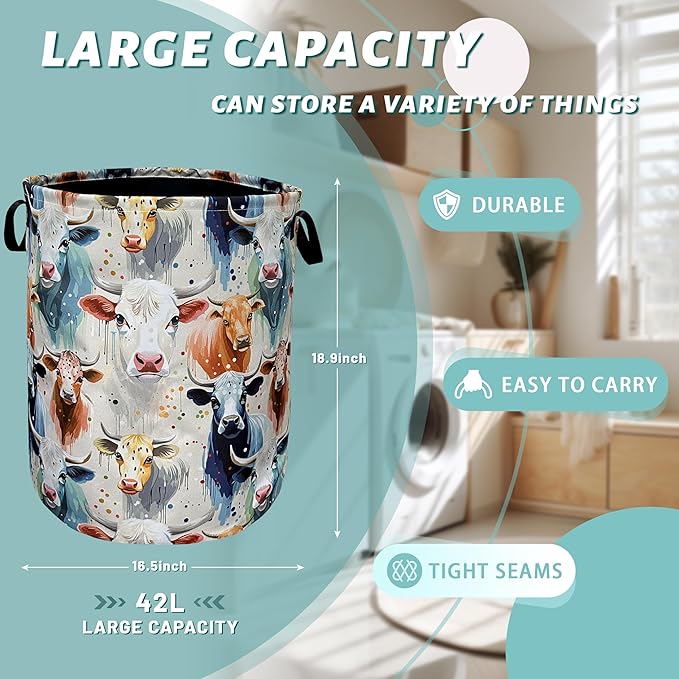 Watercolor Cows Laundry Basket Foldable With Handles Funny Tote BagOxford Cloth Animals Laundry Hamper 18.9" x 16.5" Clothes Storage Bucket Toy Organizer For Bathroom/Laundry/Bedroom