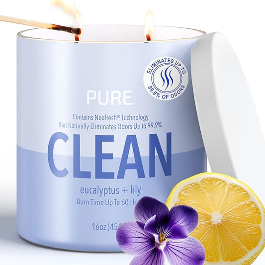 Candle-Lite Pure Eucalyptus & Lily Odor Eliminating Scented Candles, Neofresh Technology Eliminates 99.9% of Odors, 16 oz 2-Wick Jar, Proudly Poured in The USA, Up to 60 Hours Burn Time