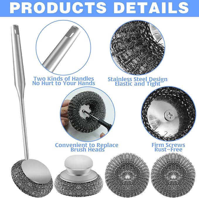2Pcs Stainless Steel Wool Scrubber Sets, Dish Scrubber with Long Short Handle Stainless Steel Scrubber Cleaning Brush Metal Scrubber with Replacement, Steel Scrubber for Dishes Tableware Home Kitchen