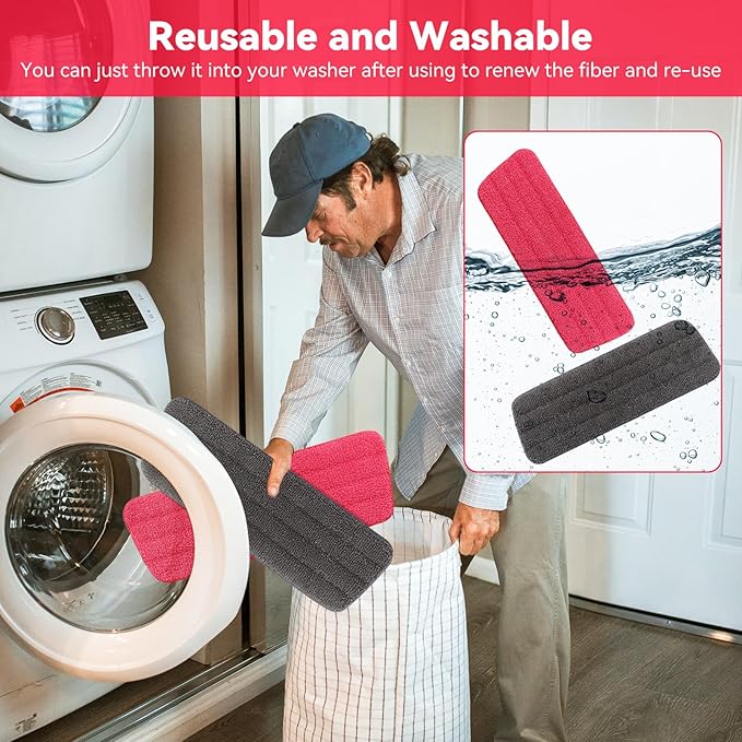 16.5 inch Microfiber Mop Pads for Rubbermaid Reveal Spray Mop and Any 16.5" Flat Mop - 10 Pack 13''-15'' Spray Mop Pad Reusable Washable Replacement Refills - Red & Grey