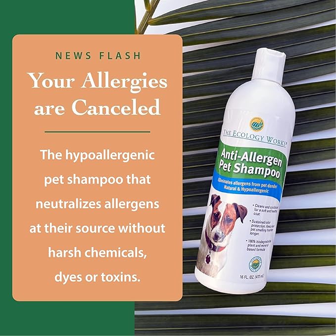 Anti-Allergen Pet Shampoo -Dog & Cat Dander Remover. Gentle Formula for Dry Sensitive Skin; Allergy Relief, The Ecology Works (32 Oz)