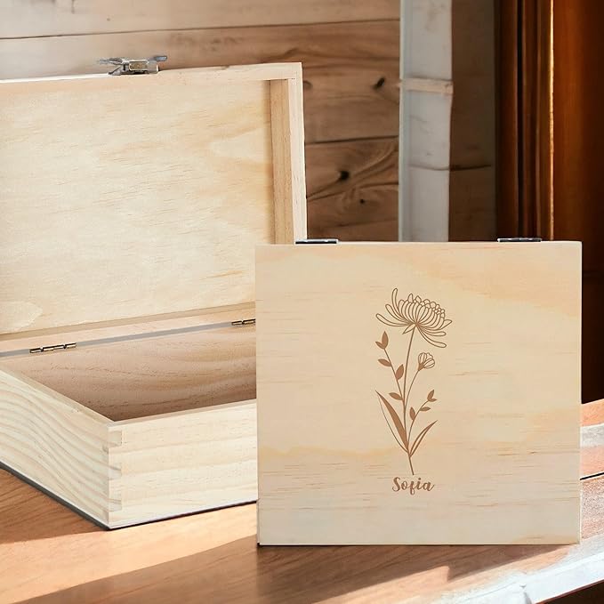 Personalized Birth Flower Memory Box Custom Engraved Wooden Keepsake Chest with Floral Design - Storage Boxes for Jewelry Photos Memento Keepsakes Customized Gifts for Women Birthday Mother's Day