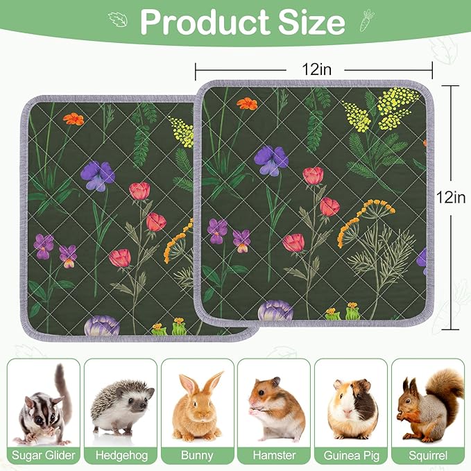 Bienbee Guinea Pig Bedding, 2 Pack 12" x 12" Reusable Guinea Pig Cage Liner Waterproof and Absorbent Small Animal Bedding Washable Guinea Pig Pee Pads for Small Pet Hamster Rabbit Squirrel, Green
