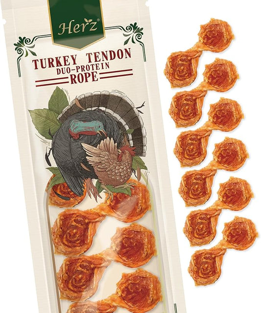 Herz Turkey Tendons for Dogs, Duo-Protein, Hypoallergenic Puppy Treats, USA-Sourced, Rawhide Free, Long Lasting Chews, Turkey Tendon & Chicken, Healthy Dog Treats for Small Dogs, Rope (S), 3 oz Pack