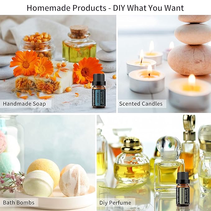 GREENSLEEVES Frankincense Vetiver Essential Oil Set, 2 x 10ml Pure Plant-Based Fragrance Oil for Aromatherapy, Essential Oils for Diffuser, Massage, Bath Bomb, Scented Candle Soap Making