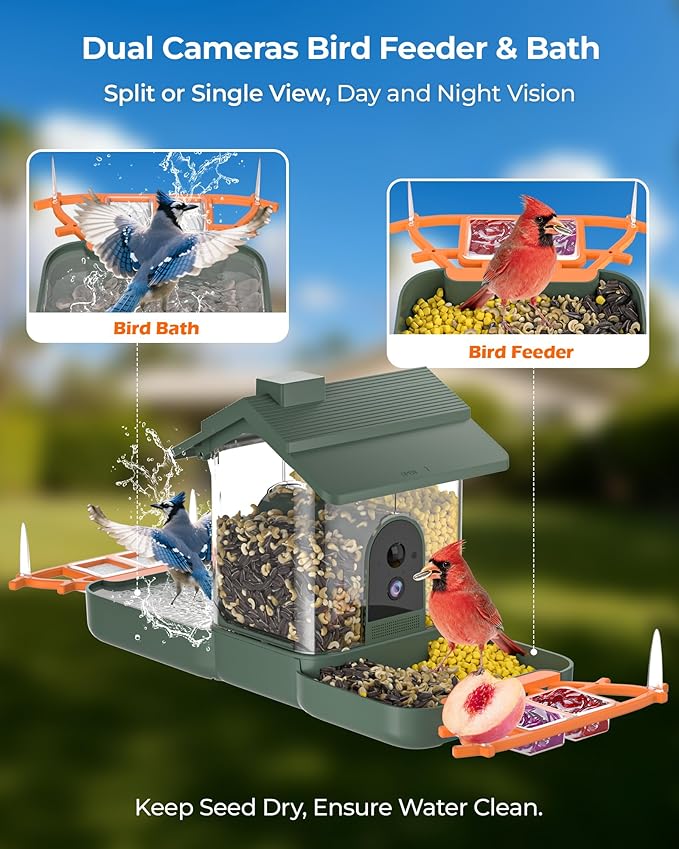 2-in-1 Bird Bath and Bird Feeder with Cameras Solar Powered 2K Dual Cameras Birds Feeder and Bath for Outside Yard Garden, Gift for Dad Mom Kids (Dark Green + Orange)