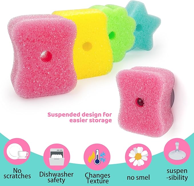4 Pack Kickleen Scrub Color Sponge with Suction Hanger‌‌,Non-Scratch, Multipurpose Dish Cleaning Temperature Controlled Sponge for Kitchen, Bathroom (Mix Color)