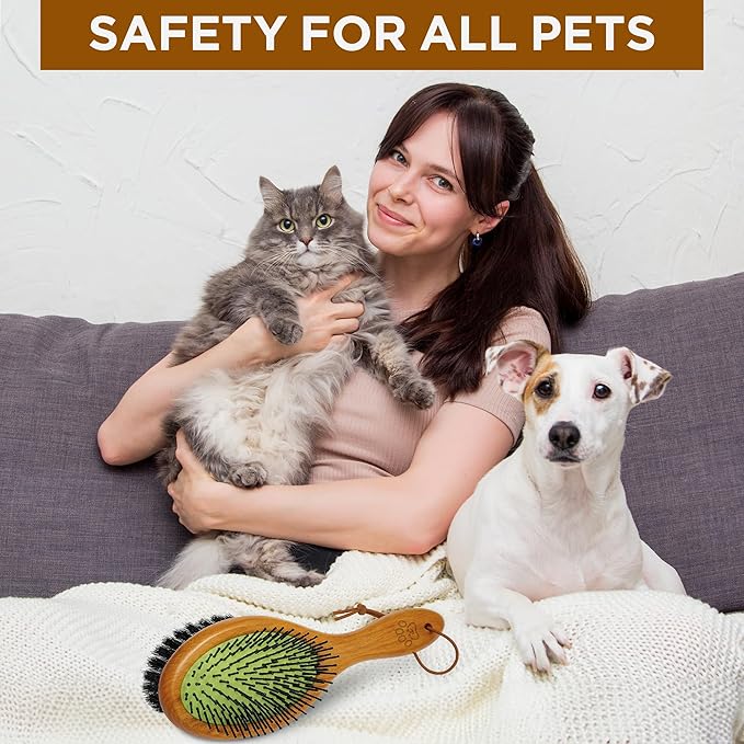 TAKAVU Pin & Bristle Pet Brush for Dogs & Cats - Double Sided Grooming Tool Detangles, Removes Loose Hair & Conditions Coat - Wood Handle