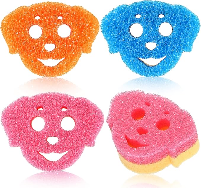 3 Pcs Dual Sided Scrub Sponge Multi Functional Cute Temperature Sensitive Non Scratch Dish Sponge for Washing Dishes Kitchen Bathroom(Dog)
