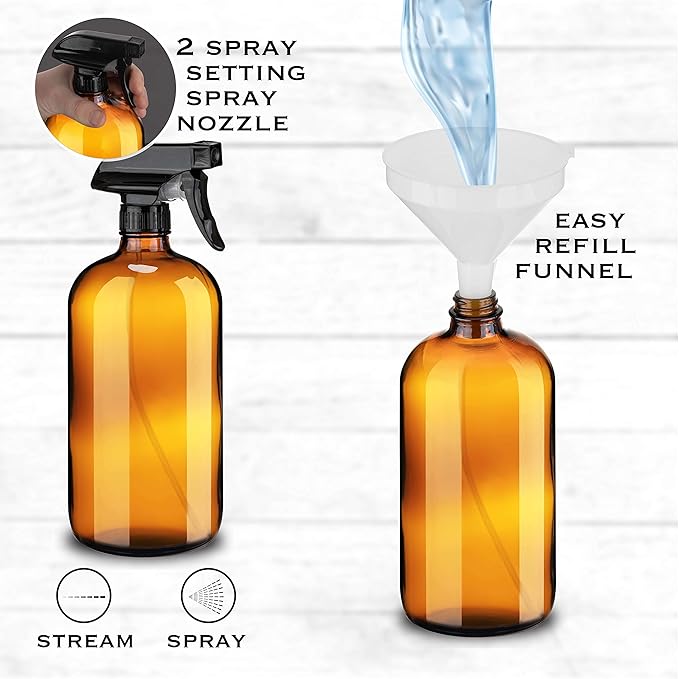 kitchentoolz Large 32oz Amber Glass Gardening Spray Bottles with Funnel - Refillable Trigger Sprayer Container for Plant Misting, Hair Salon, Indoor and Outdoor