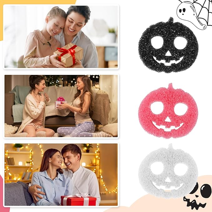 3 Pcs Dual Sided Scrub Sponge Multi Functional Cute Temperature Sensitive Non Scratch Dish Sponge for Washing Dishes Kitchen Bathroom(Halloween Pumpkin,Pink, Black, White)