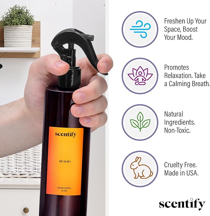 Scentify Miami Odor Neutralizing Room Spray – Luxury Cashmere, Floral & Musky Wood Fragrance, Instant Odor Eliminator for Home, Office & Car – 12 oz
