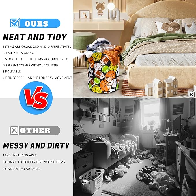 Ball Games Laundry Basket Oxford Cloth Sports Laundry Hamper With Handle Foldable Portable Clothes Storage Basket 18.9 X 16.5 In Storage Bag For Laundry Room/Bathroom/Bedroom/Dormitories