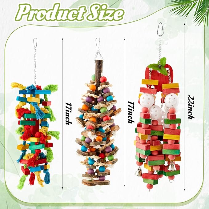 3 Pcs Extra Large Bird Parrot Toy Multicolored Natural Wooden Parrot Cage Chewing Toys for Large Medium Macaws Cockatoos African Grey Birds(Block and Ball)