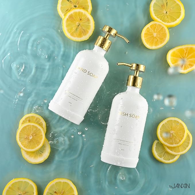 Soap Dispenser Set with Non-Slip Protective Silicone Pad, Hand Soap Dispenser for Bathroom and Kitchen Decor, White and Gold Accessories (White Bottles + Gold Pumps)