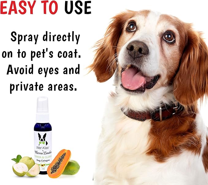 Warren London - Wet Kiss Dog Cologne, Long Lasting Dog Spray, Dog Deodorant to Remove Odor from Stinky Dogs, Papaya & Guava, 2 Ounce Bottle