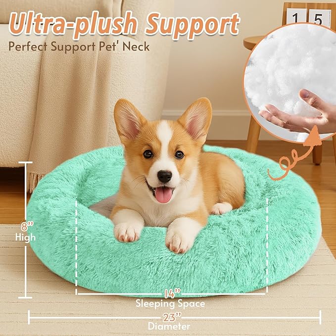 JOLLYVOGUE Small Dog & Cat Beds for Indoor Cats, Donut Cuddler Warming Soft Dog Beds with Anti-Slip Bottom, Round Calming Fluffy Plush Faux Fur Cushion Bed for Small Dogs (23", Mint Green)