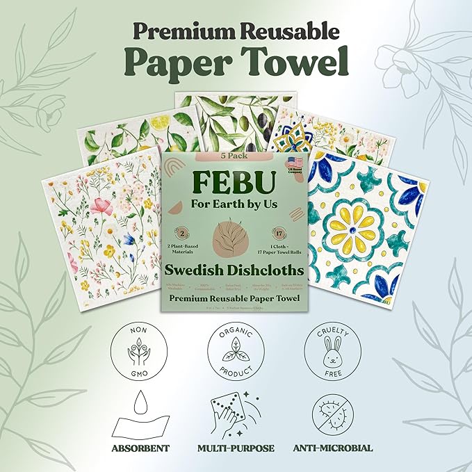 FEBU Swedish Dishcloths for Kitchen | 5 Pack Italian Summer Reusable Paper Towels Washable | Swedish Dish Towels | Non-Scratch Cellulose Sponge Cloths | No Odor, Biodegradable Cleaning Cloths