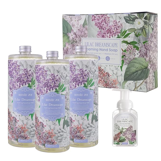 ROMIIE ZOI Lilac Foaming Hand Soap Refill Gift Set – 3 Pack (33.8 Fl Oz Each) with Refillable Dispenser, Soft Floral Scent, Moisturizing, Biodegradable & Chemical-Free Formula for Bathroom, Kitchen