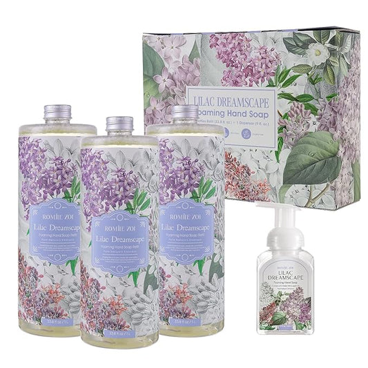 ROMIIE ZOI Lilac Foaming Hand Soap Refill Gift Set – 3 Pack (33.8 Fl Oz Each) with Refillable Dispenser, Soft Floral Scent, Moisturizing, Biodegradable & Chemical-Free Formula for Bathroom, Kitchen