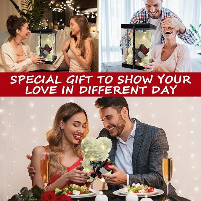 Romantic Valentines Day Gift for Her Rose Artificial Flower Rose Teddy Bear for Wife, Girlfriend Mother Daugther Women. Blind Box for Christmas Birthday Wedding Anniversary (White)