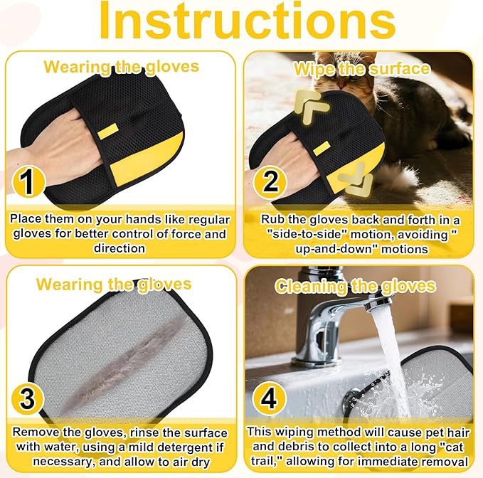 2pcs Pet Hair Grooming Removal Gloves, Reusable Electrostatic Pets Puppy Cat Dog Hair Fur Remover Gloves Easy Cleaning Shedding Brushes for Furniture Carpet Couch Car Seat