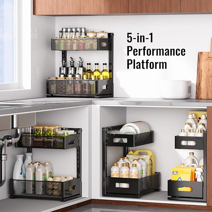 2 Pack Under Sink Organizer and Storage, Metal Under Kitchen Sink Organizer, Slide Out Bathroom Organizers and Storage, Undersink Organizers for Kitchen Bathroom Cabinet