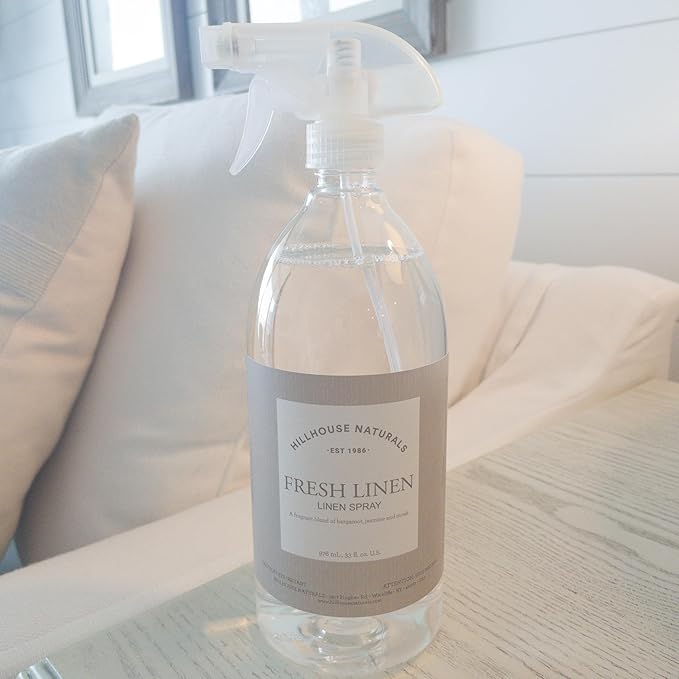 Hillhouse Naturals 1 liter Fresh Linen linen Mist. Aromatherapy Spray for Relaxation and Sleep. With scents of lemon and orange interwoven with bergamot, rose, jasmine and musk. Made in the USA