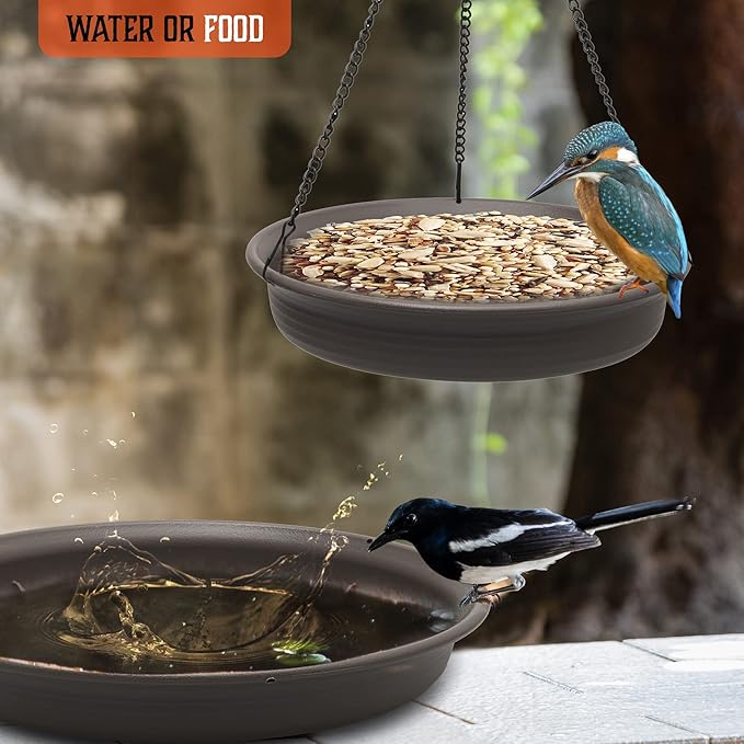 Magerdy Fields 12 Inch Hanging Bird Bath for Outside - 3 Chains with an S Hook - Microfiber Cleaning Cloth and Brush - Hanging Bird Feeder, Plastic birdbaths Bowl for Outdoors, Backyard Birding