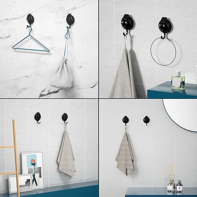 Heavy Duty Vacuum Suction Cup Hooks, Matte Black Plated Polished Super Suction for Kitchen Bathroom, 2 Pack