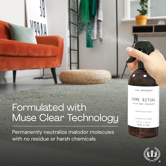 Muse Apothecary Home Ritual Active Odor Eliminator Spray - Furniture Deodorizer Spray & Bathroom Odor Eliminator for Home - Essential Oil Air Freshener - 8oz, Fresh Linen