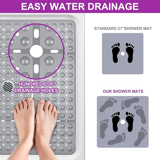 Reetual XL Shower Mat Non Slip - 27x27 Bath Mat for Shower Stall or Large Bathtub Mat with 240 Powerful Suction Cups and Drain Holes. Black Shower Mats for Bathroom (Grey Mat)